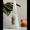 A conical sculpture made of druzy agate with a smooth, polished surface, placed on a white surface with a plant in the background.