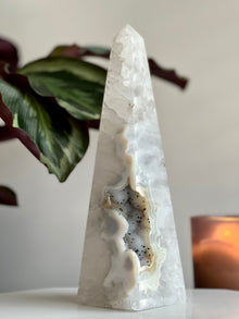  A conical sculpture made of druzy agate with a smooth, polished surface, placed on a white surface with a plant in the background.